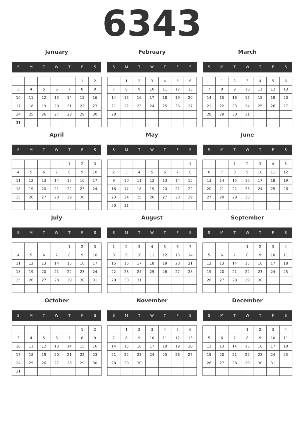 Printable 6343 Year Calendars dark