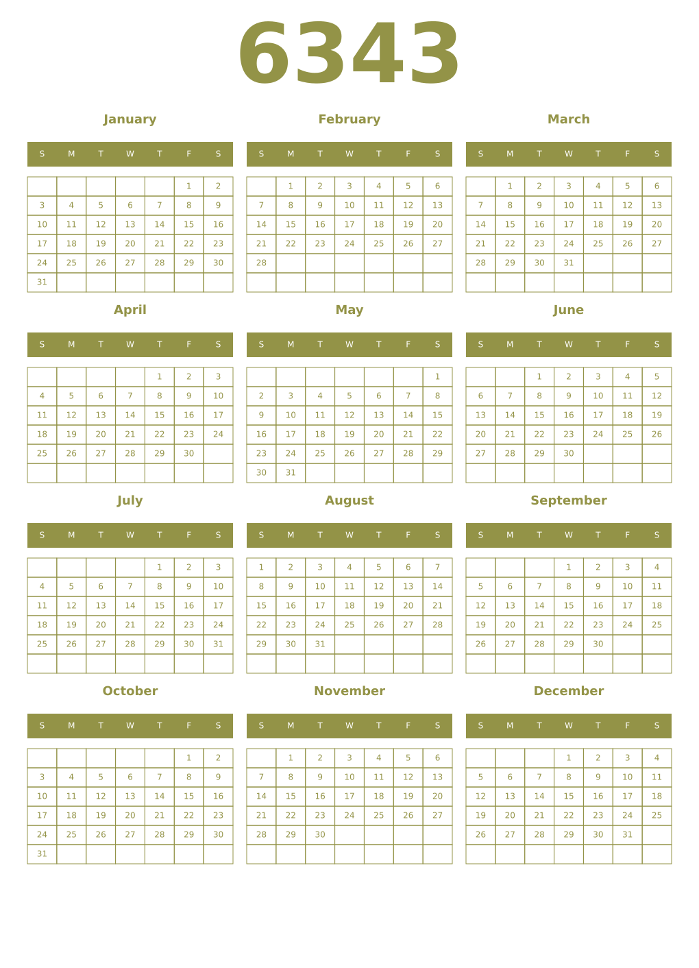 Printable 6343 Year Calendars eburnean
