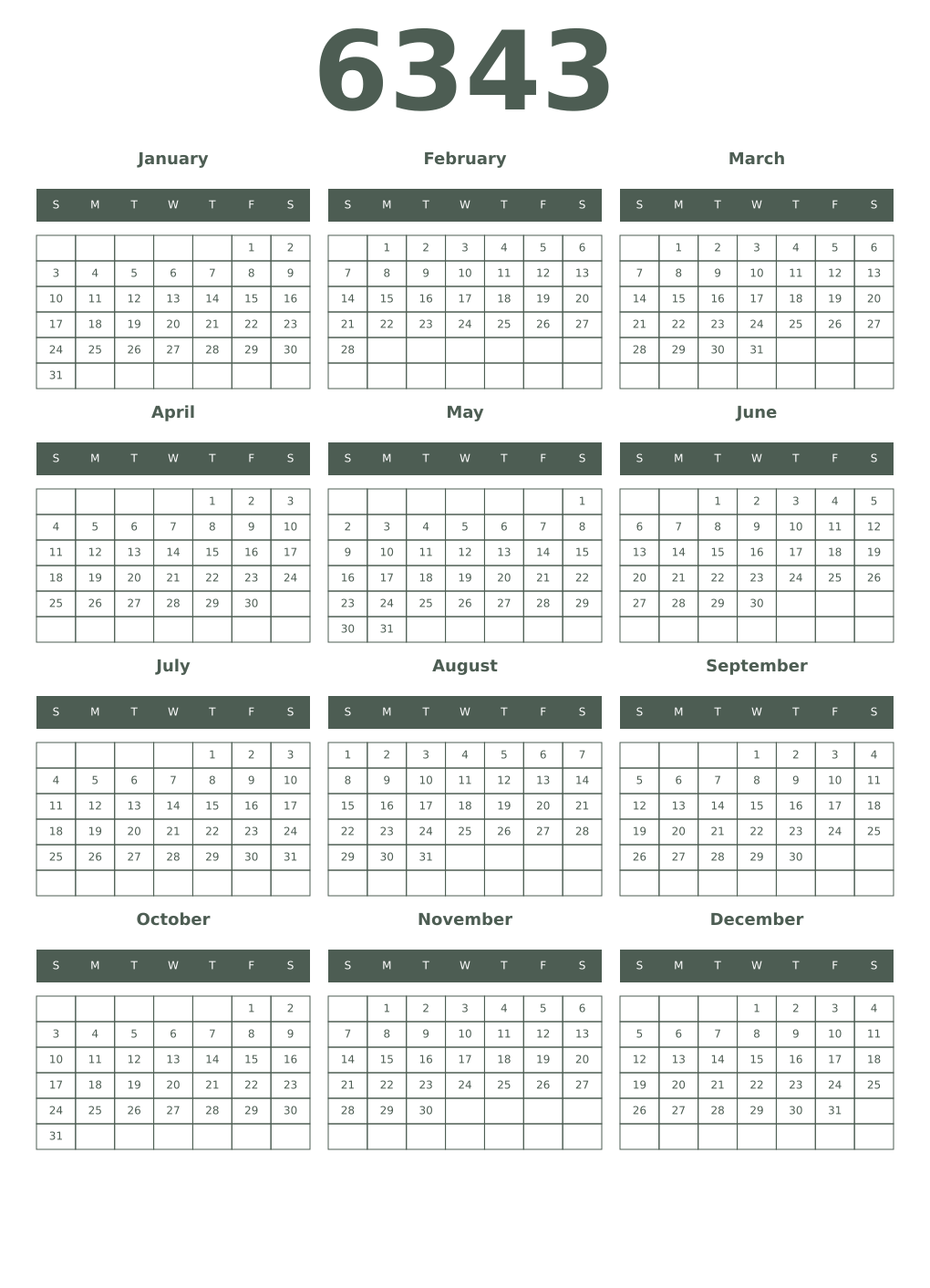 Printable 6343 Year Calendars feldgrau