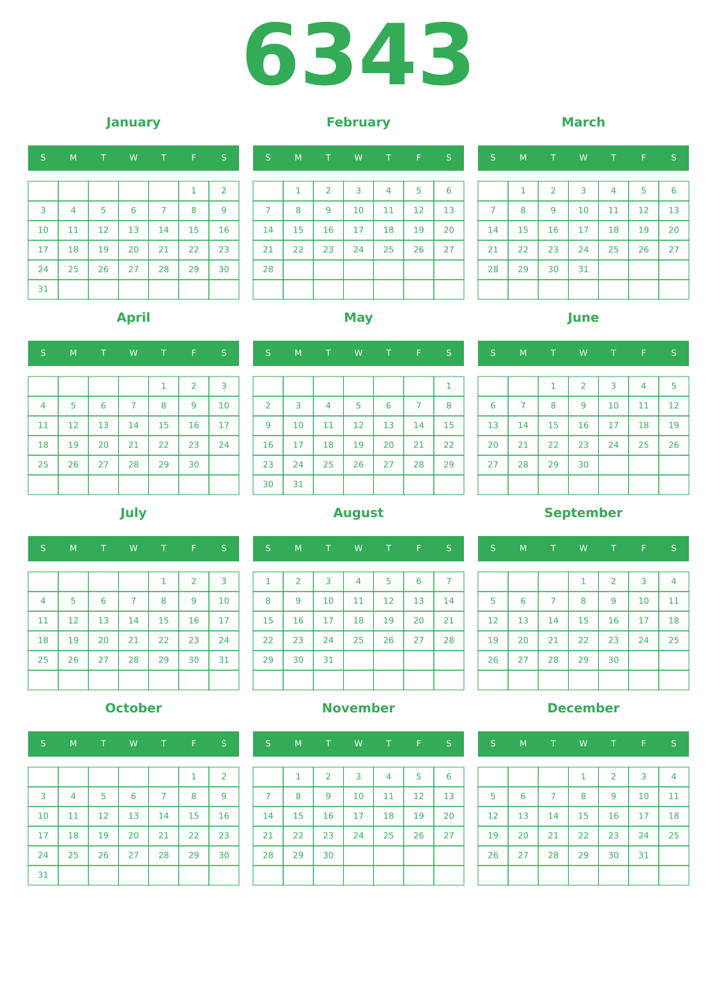 Printable 6343 Year Calendars green