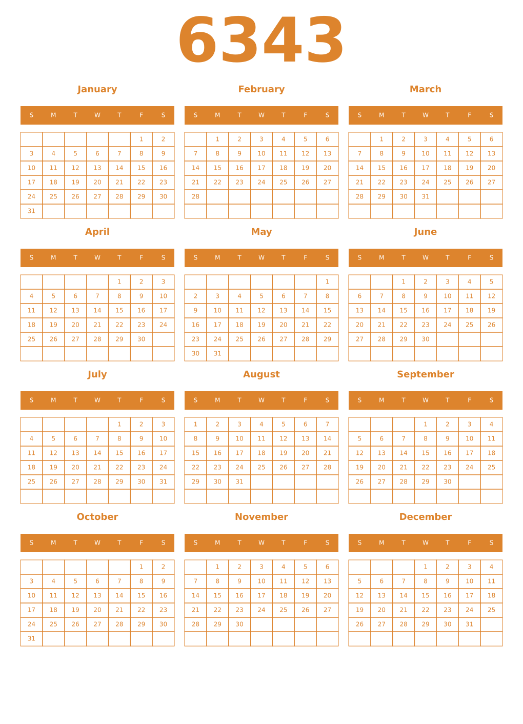 Printable 6343 Year Calendars orange
