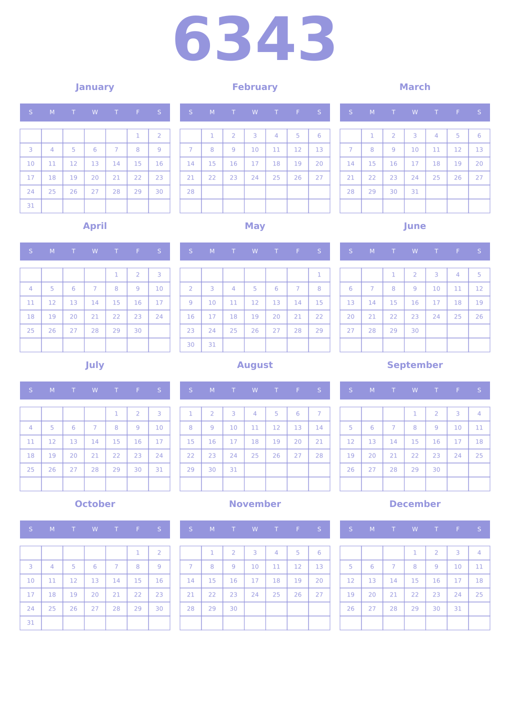 Printable 6343 Year Calendars periwinkle