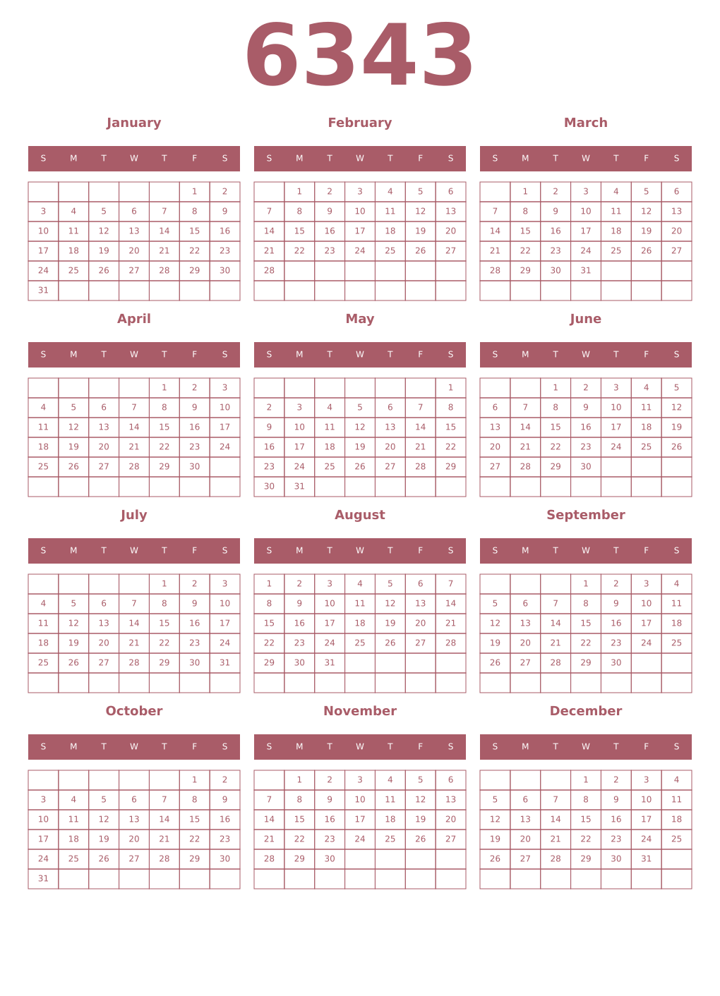 Printable 6343 Year Calendars puce