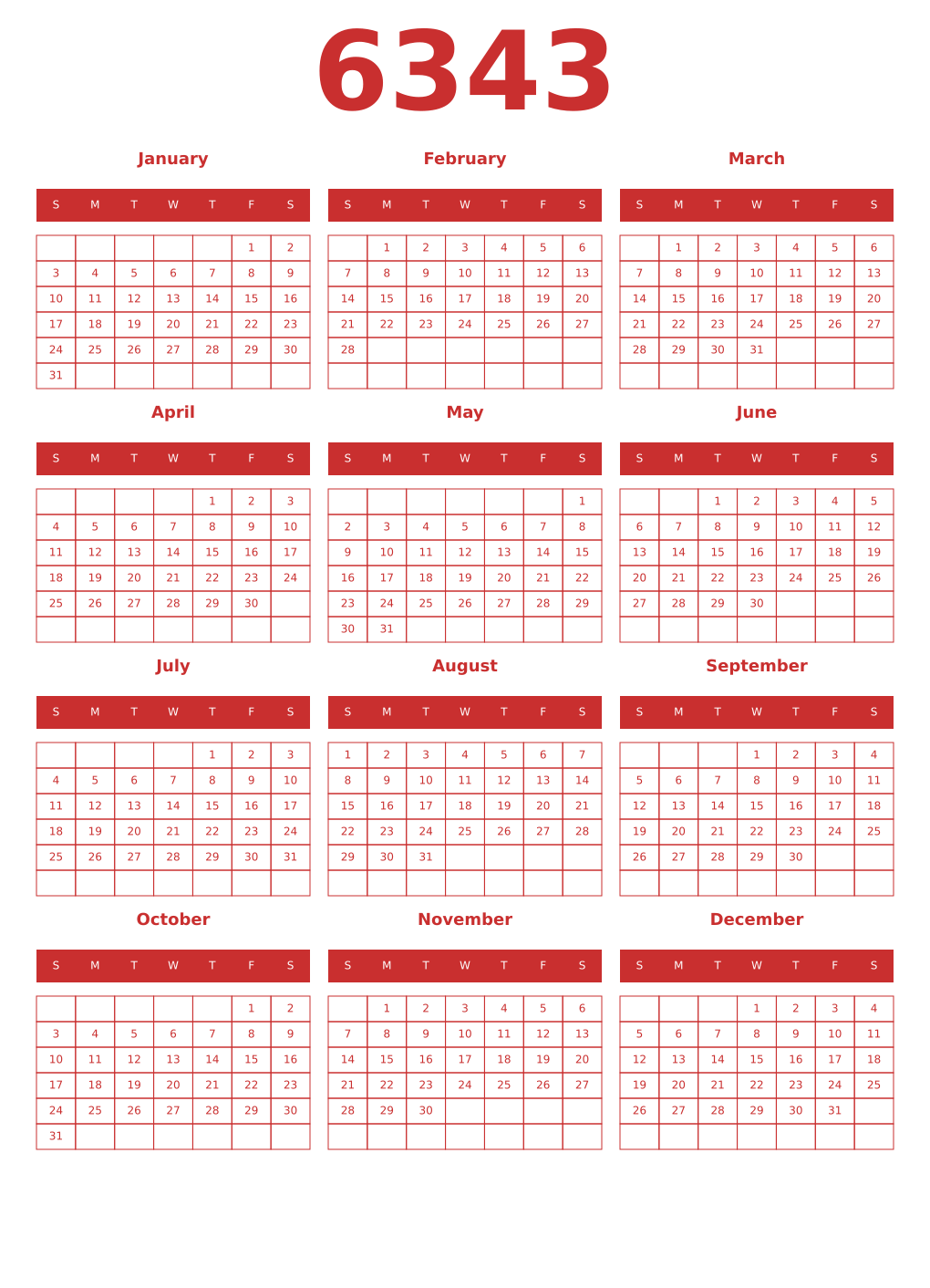 Printable 6343 Year Calendars red