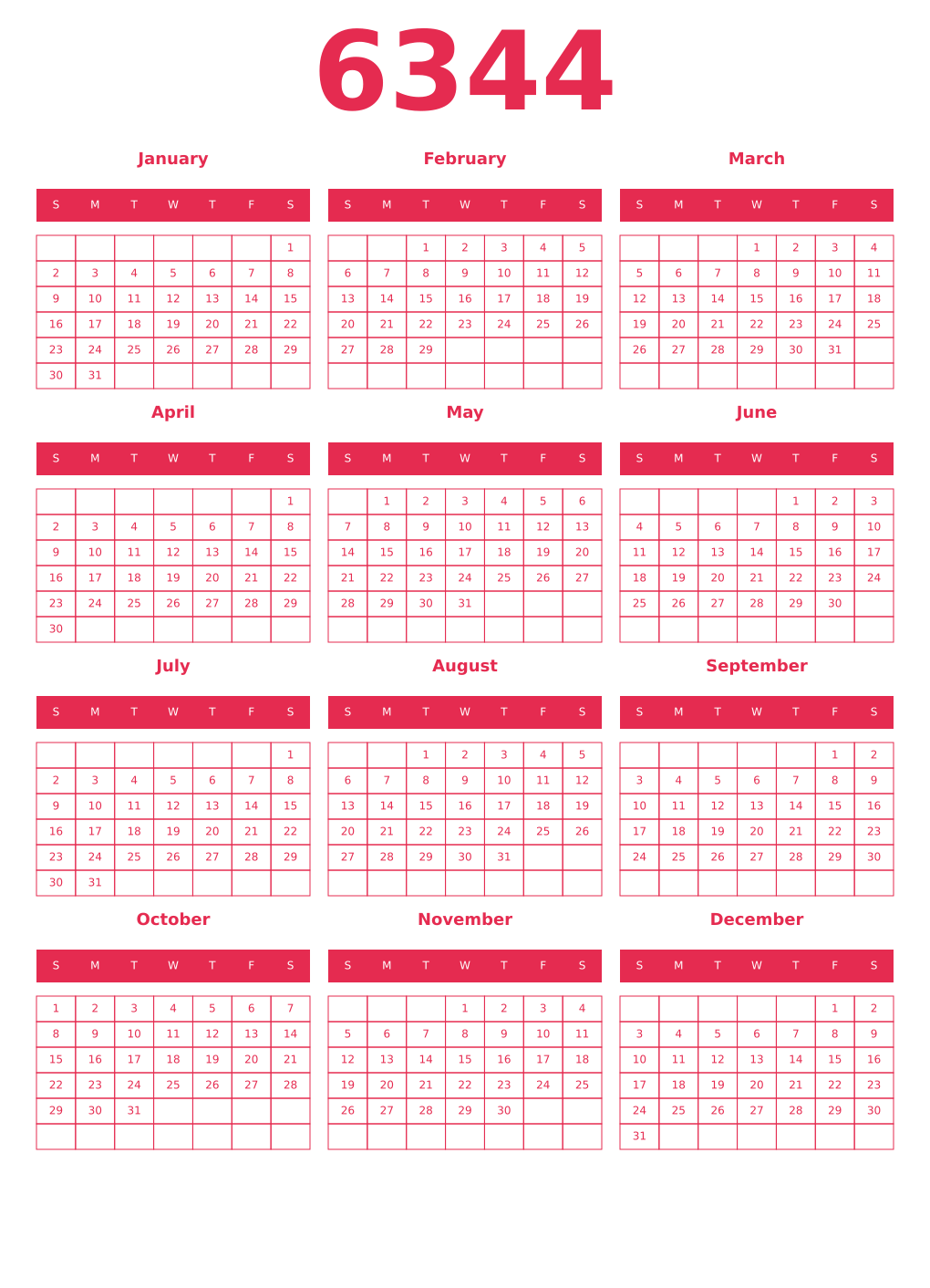 Printable 6344 Year Calendars amaranth
