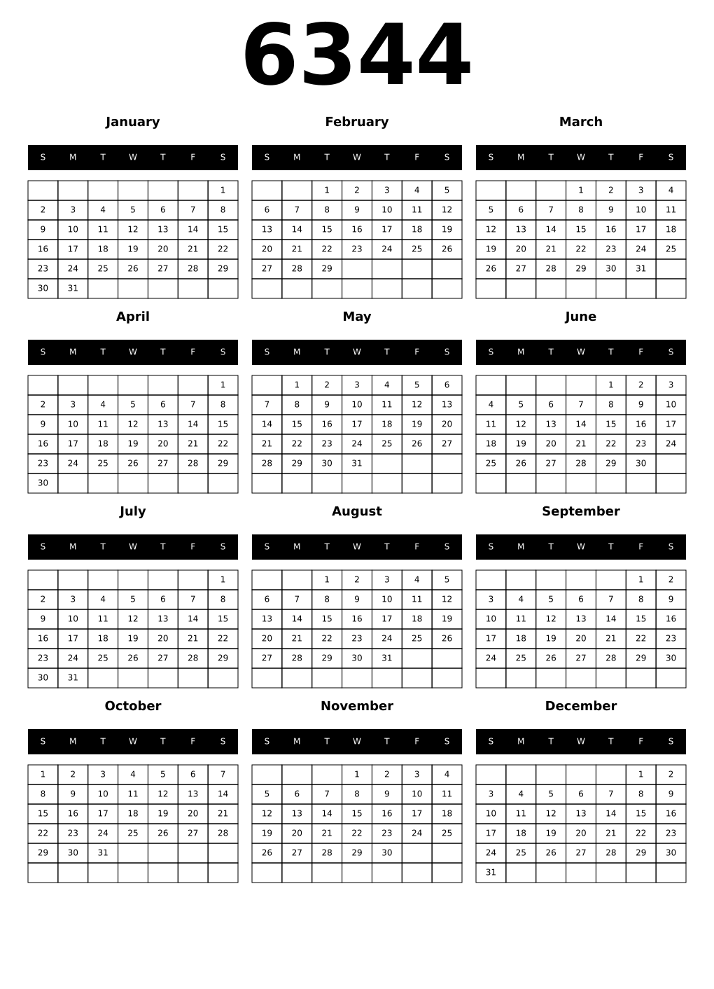 Printable 6344 Year Calendars black
