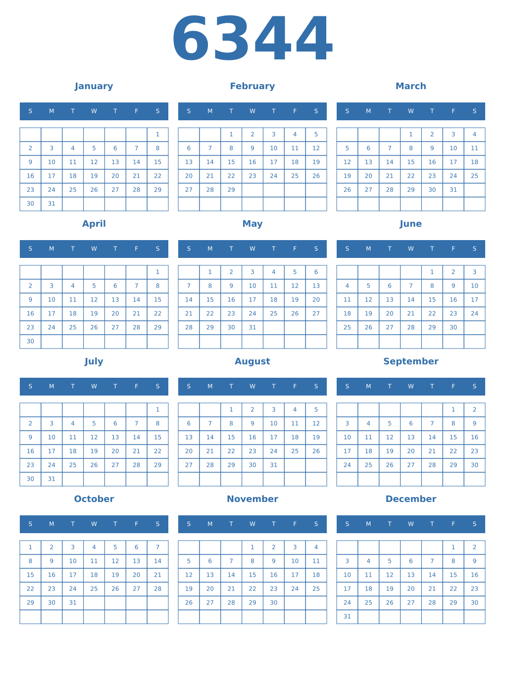Printable 6344 Year Calendars blue