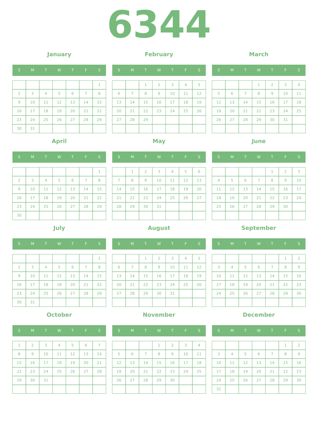 Printable 6344 Year Calendars celadon