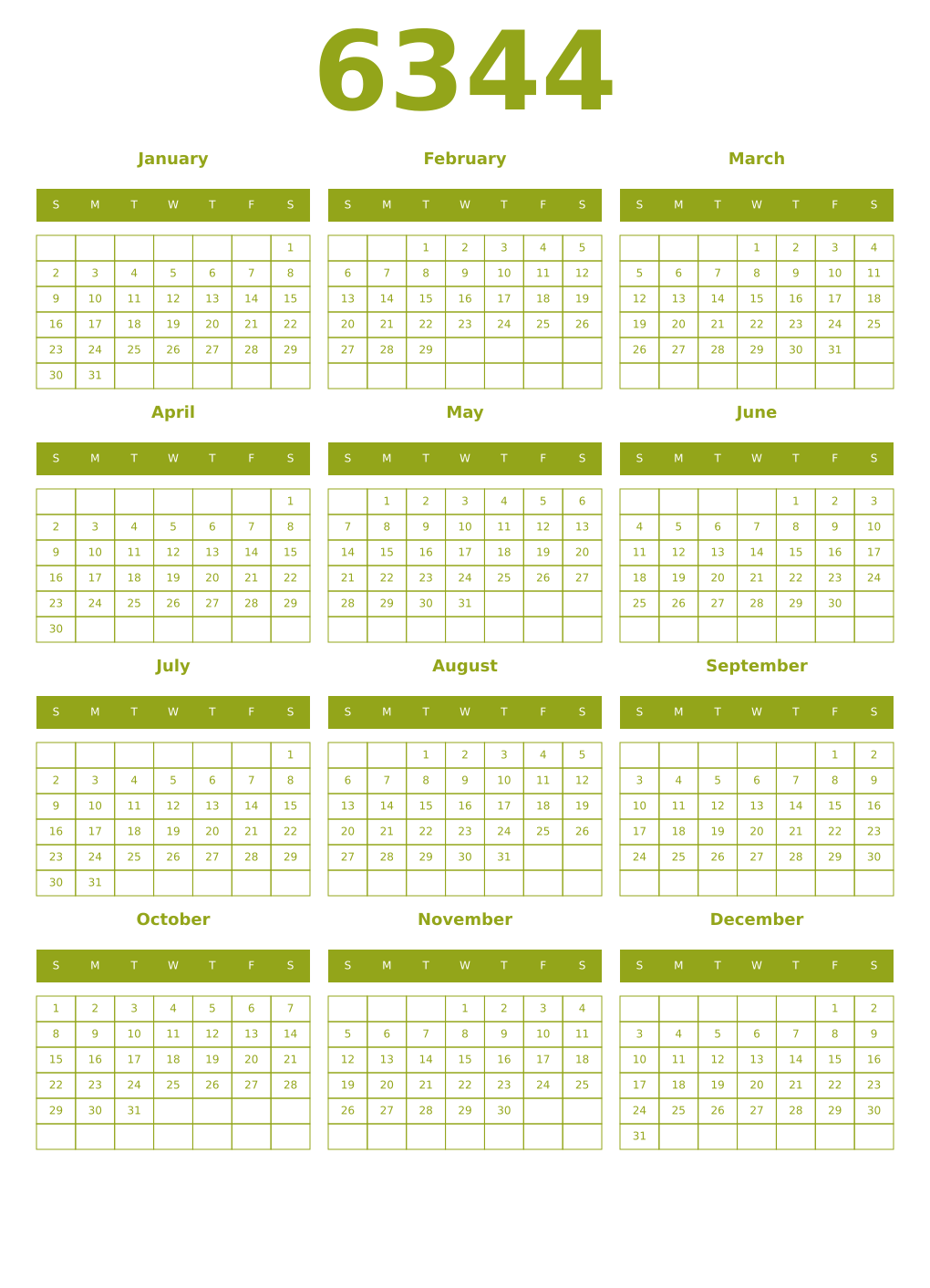 Printable 6344 Year Calendars chartreuse