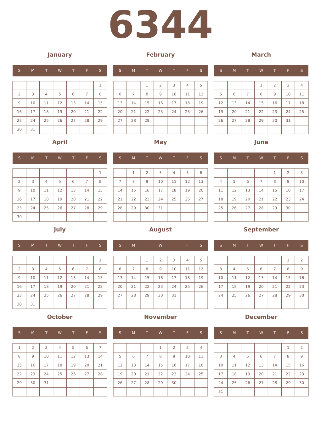 Printable 6344 Year Calendars coffe