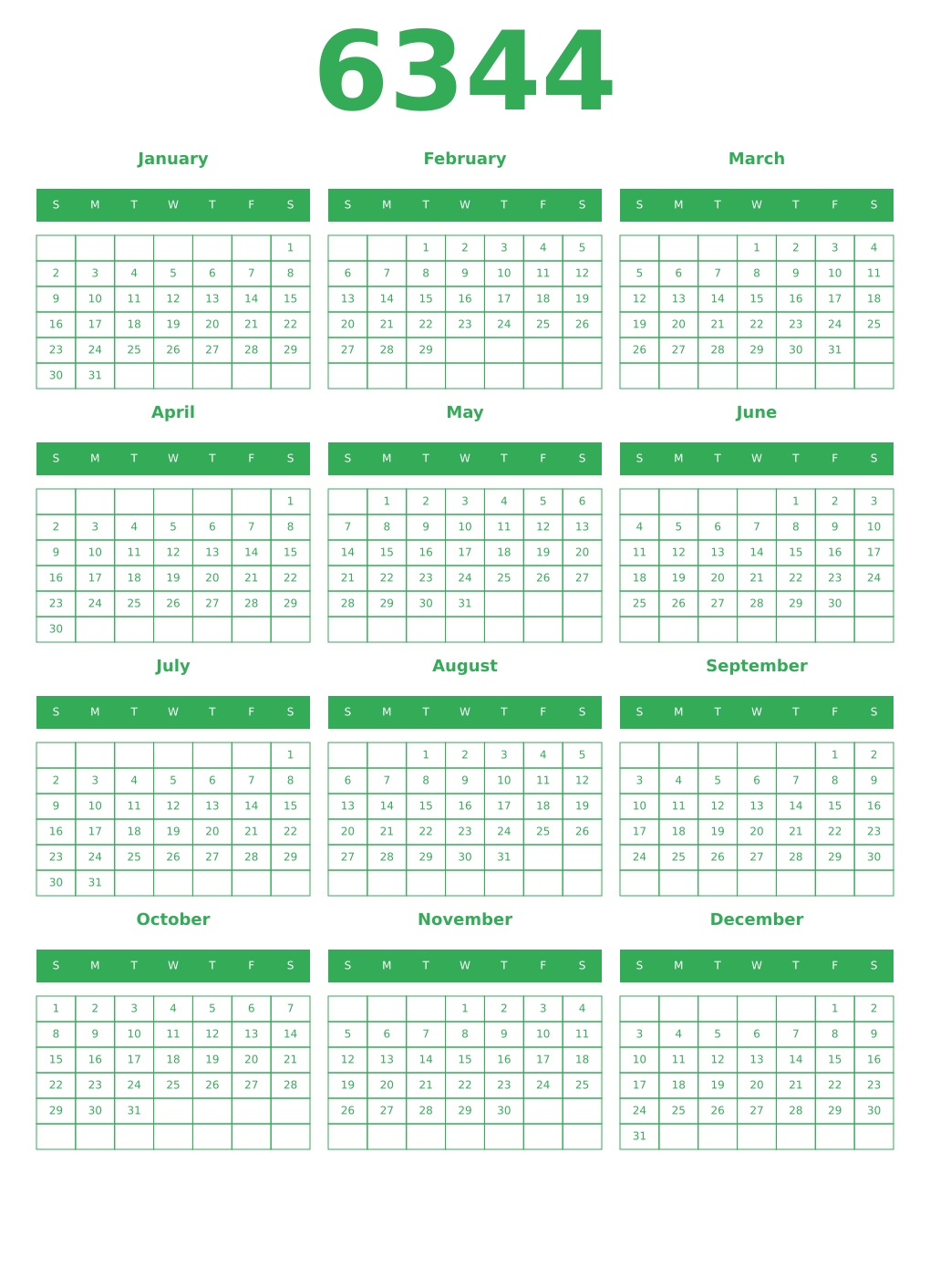 Printable 6344 Year Calendars green