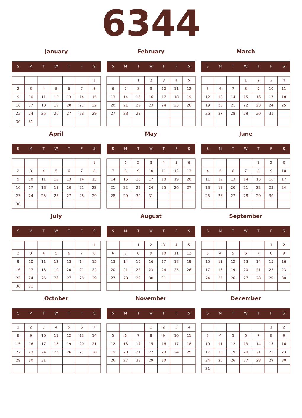 Printable 6344 Year Calendars mortuum