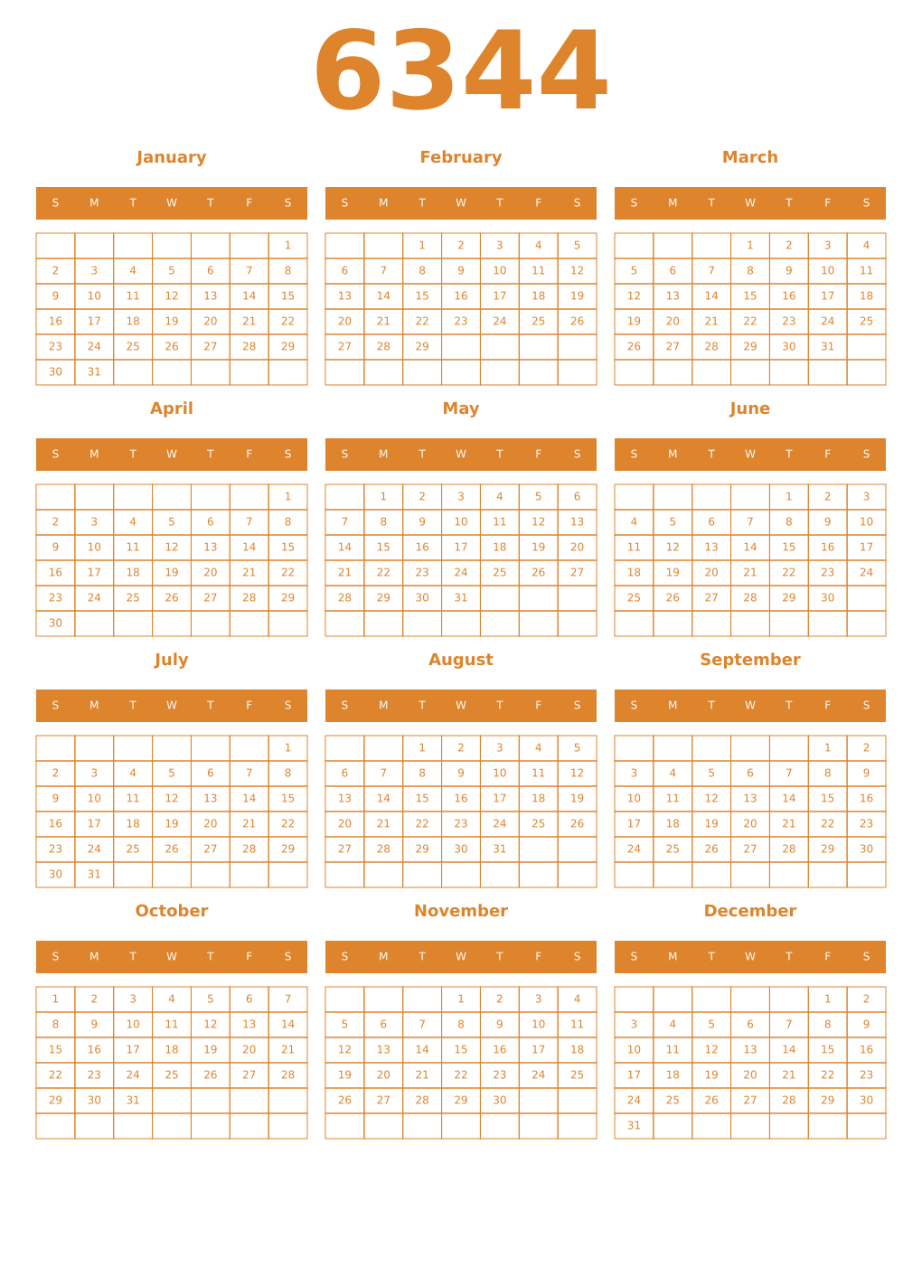 Printable 6344 Year Calendars orange