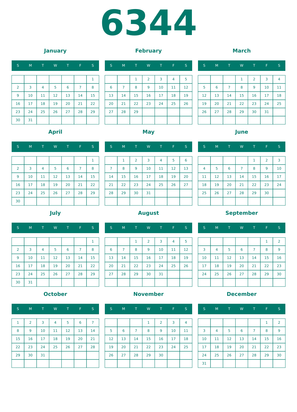 Printable 6344 Year Calendars pastel