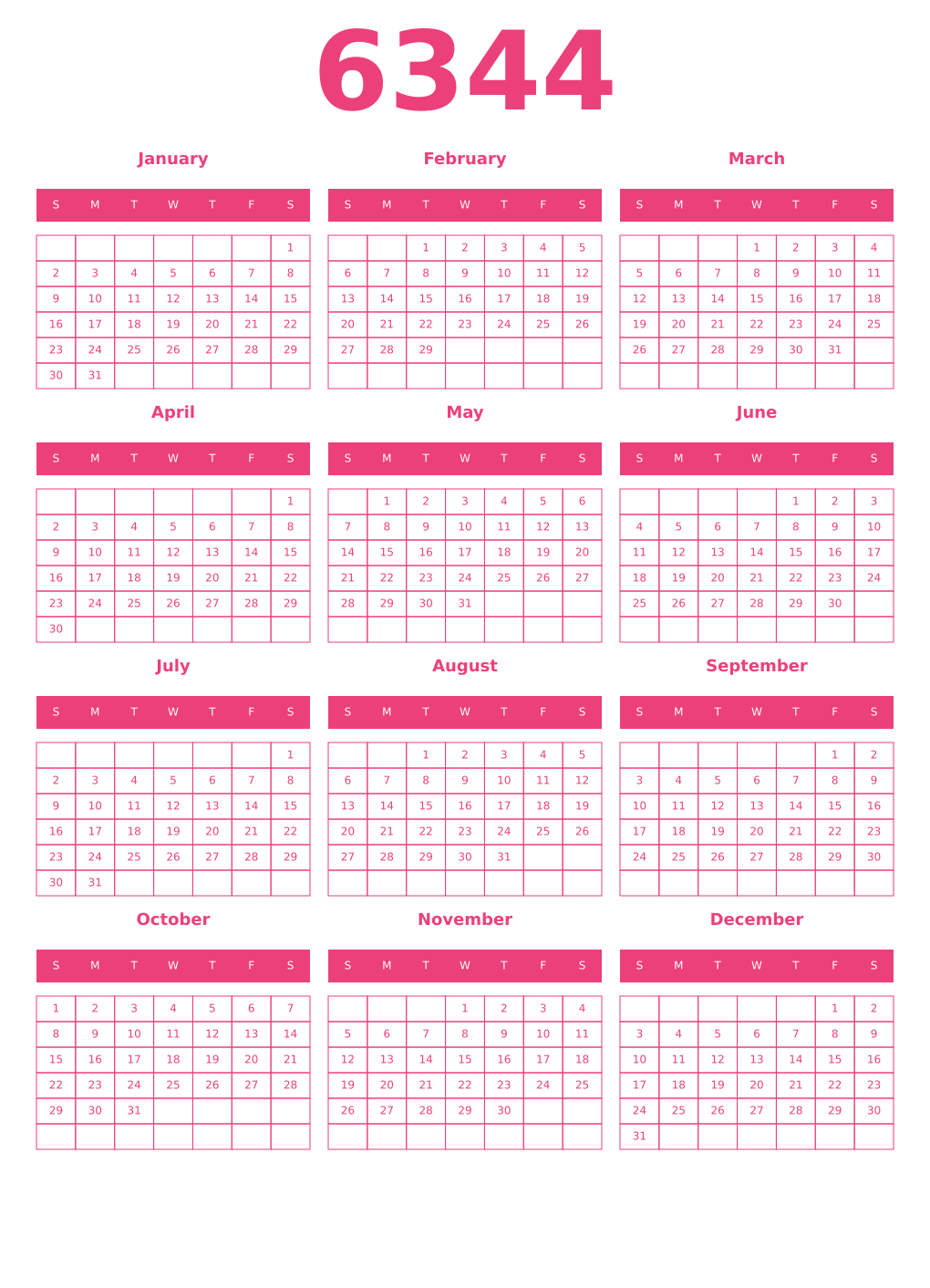 Printable 6344 Year Calendars pink