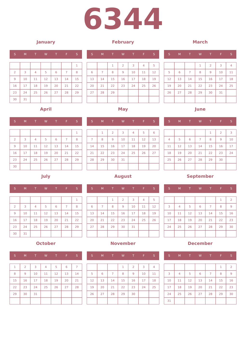Printable 6344 Year Calendars puce