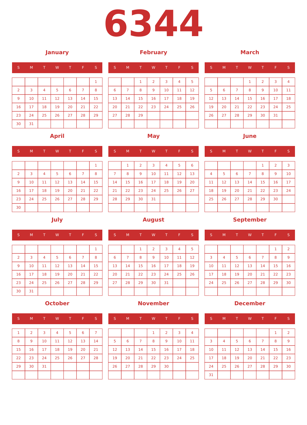Printable 6344 Year Calendars red