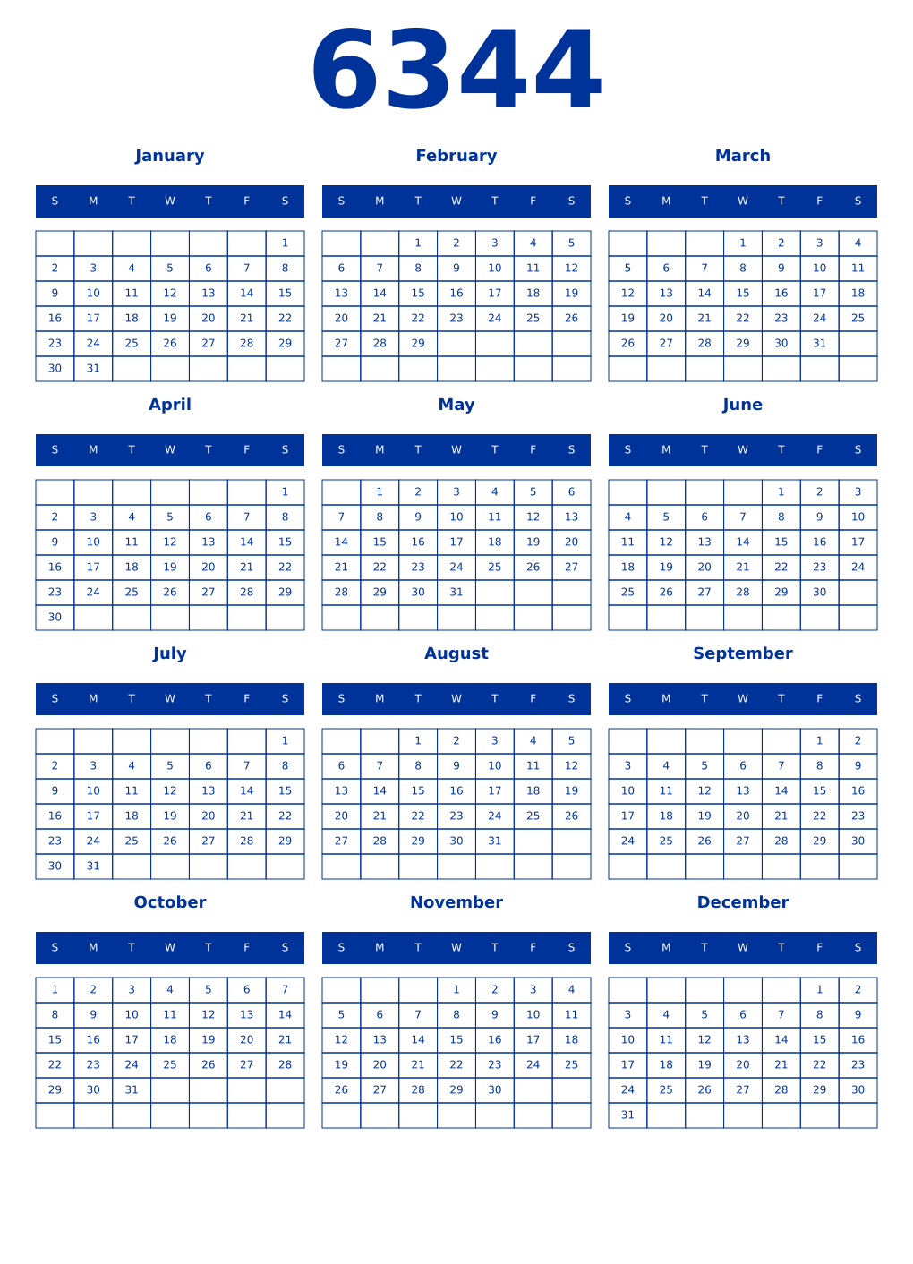 Printable 6344 Year Calendars smalt