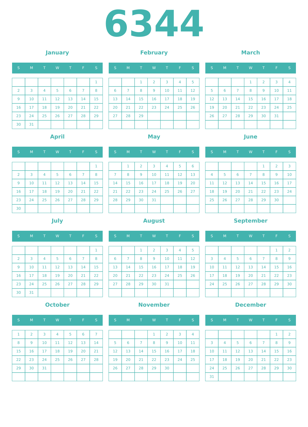 Printable 6344 Year Calendars verdigris