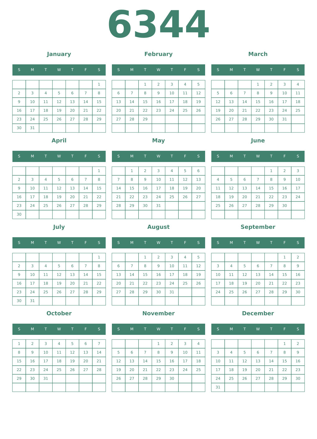 Printable 6344 Year Calendars viridian