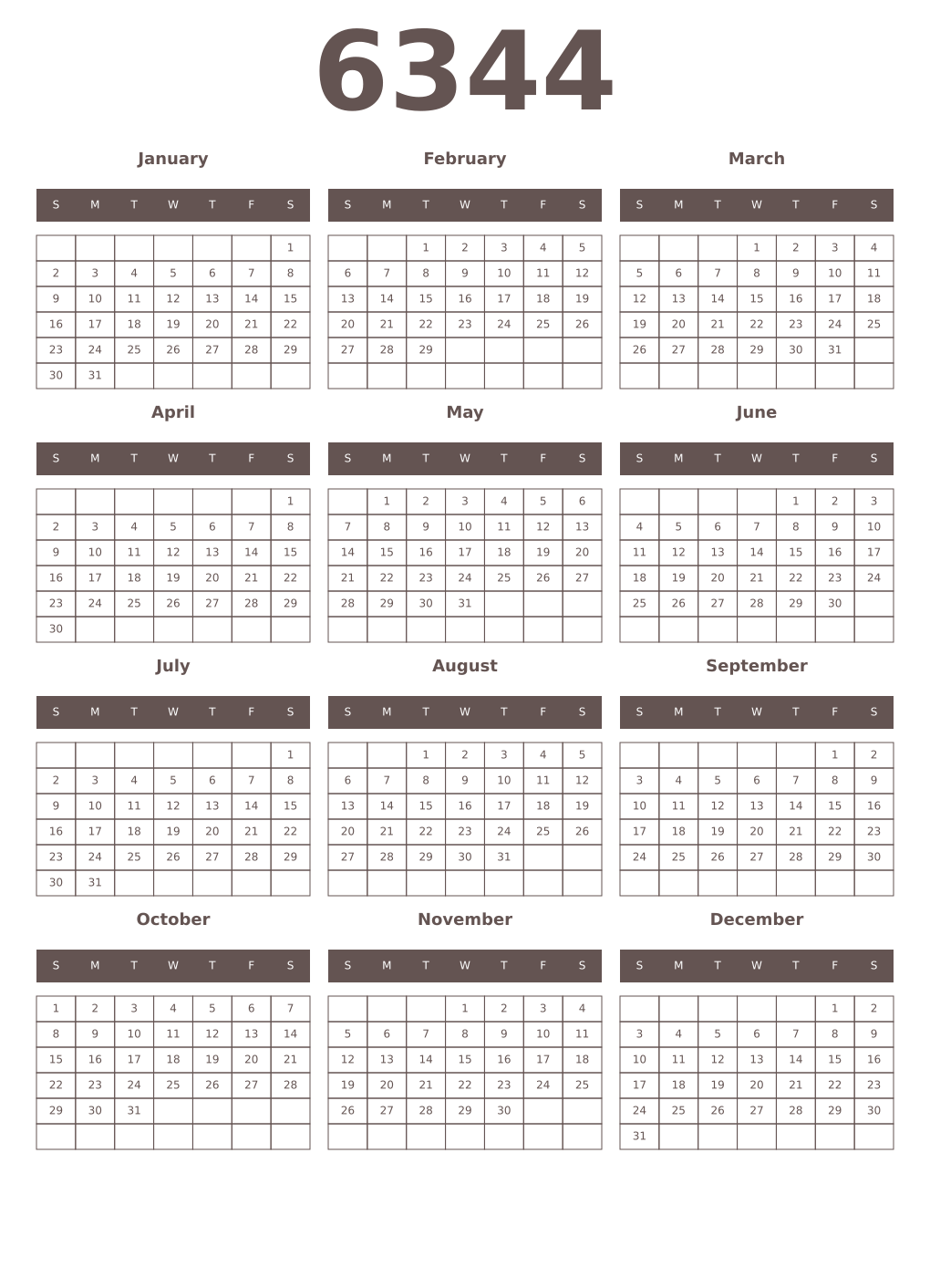 Printable 6344 Year Calendars wenge