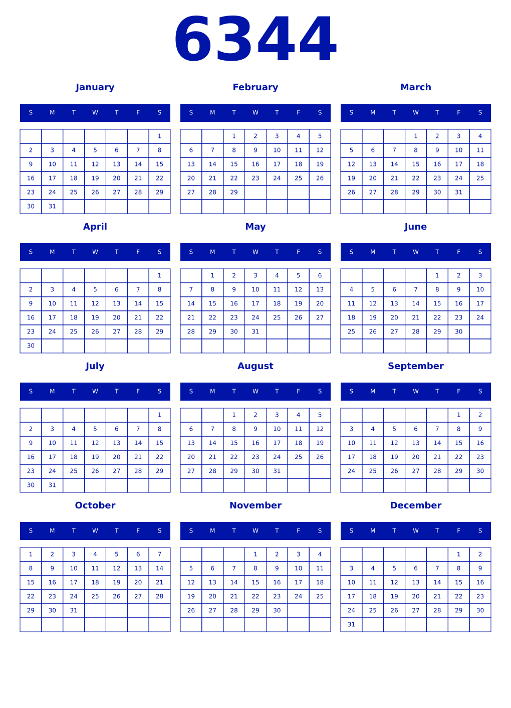 Printable 6344 Year Calendars zaffre