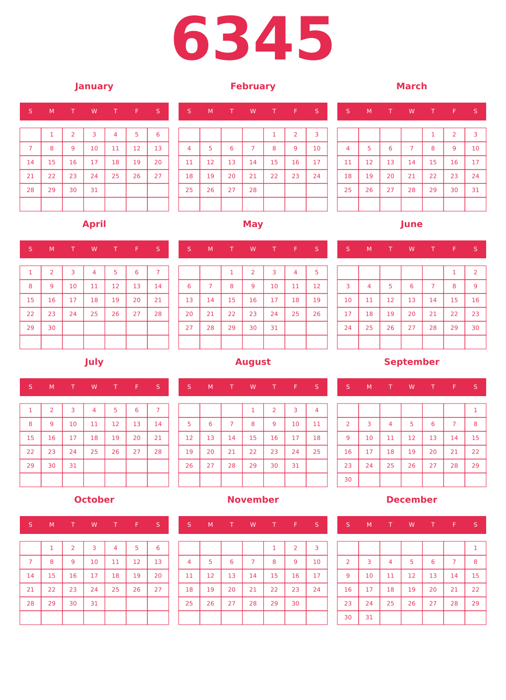 Printable 6345 Year Calendars amaranth