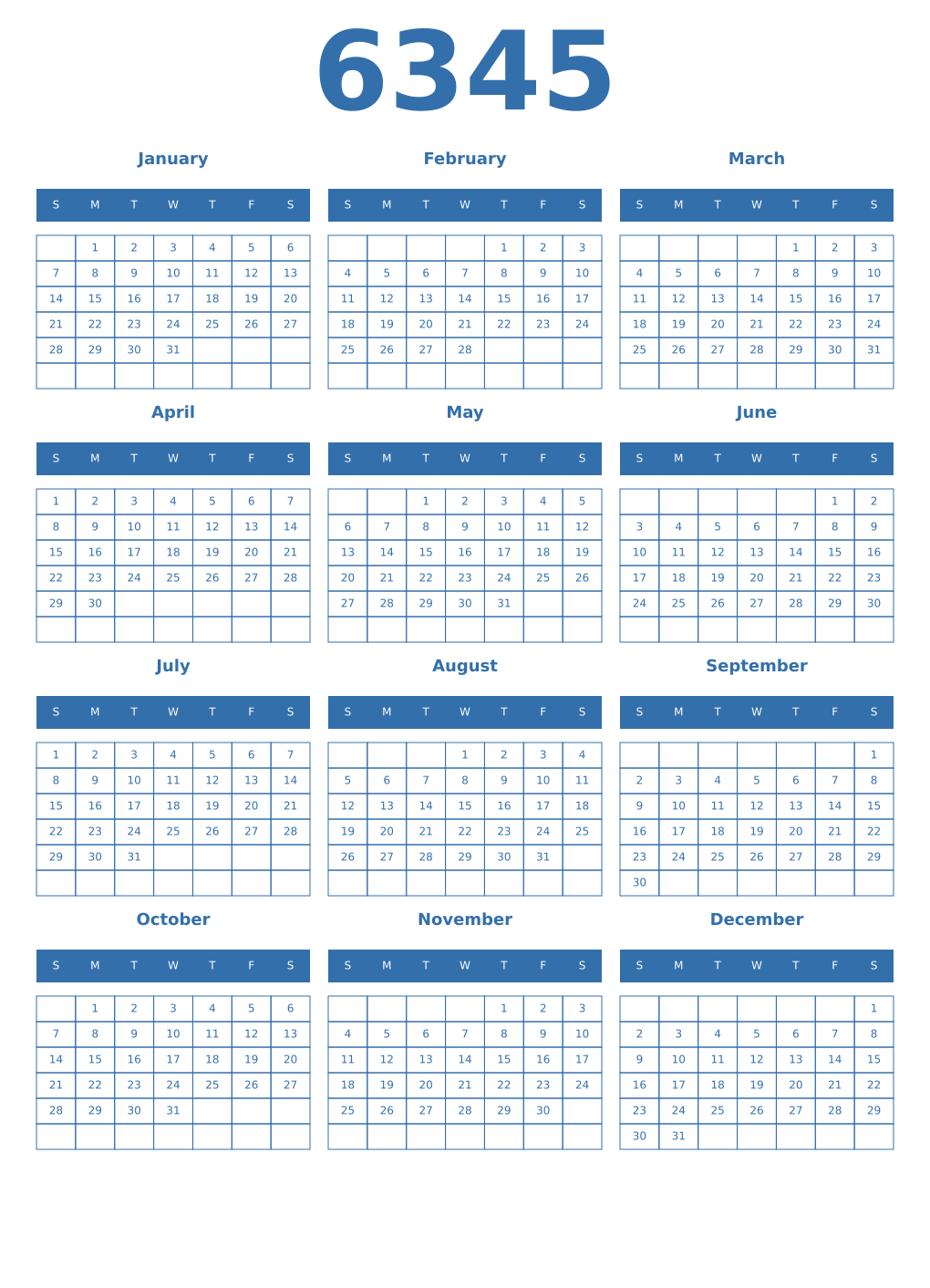 Printable 6345 Year Calendars blue