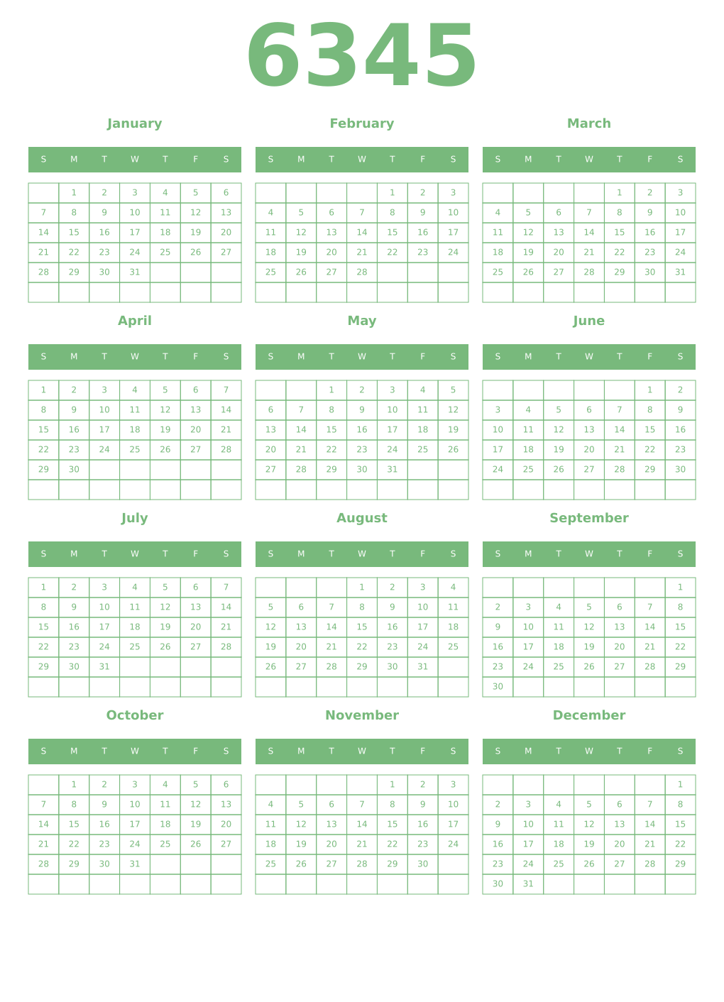 Printable 6345 Year Calendars celadon