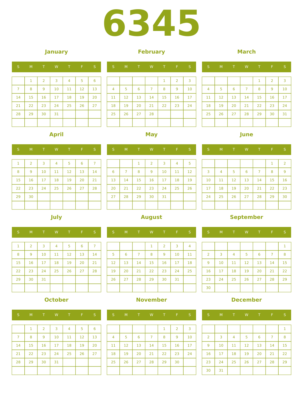 Printable 6345 Year Calendars chartreuse