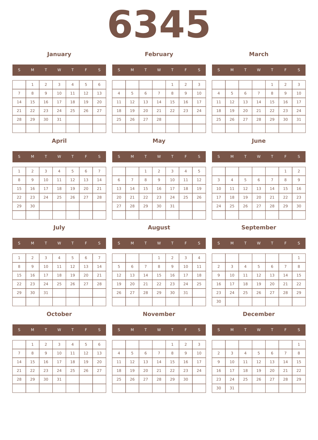 Printable 6345 Year Calendars coffe