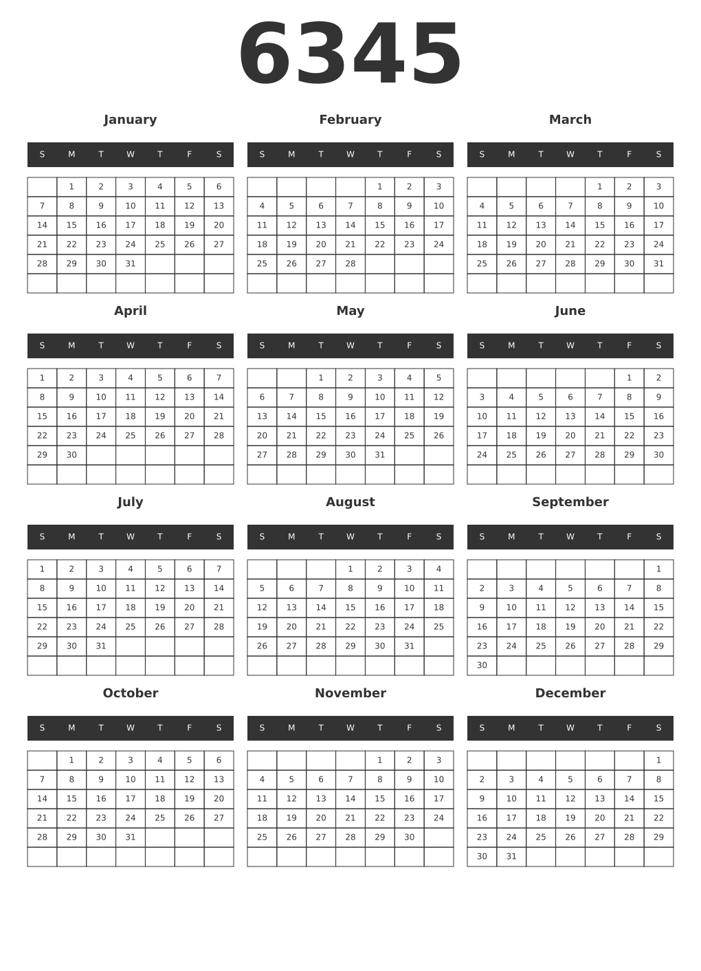 Printable 6345 Year Calendars dark
