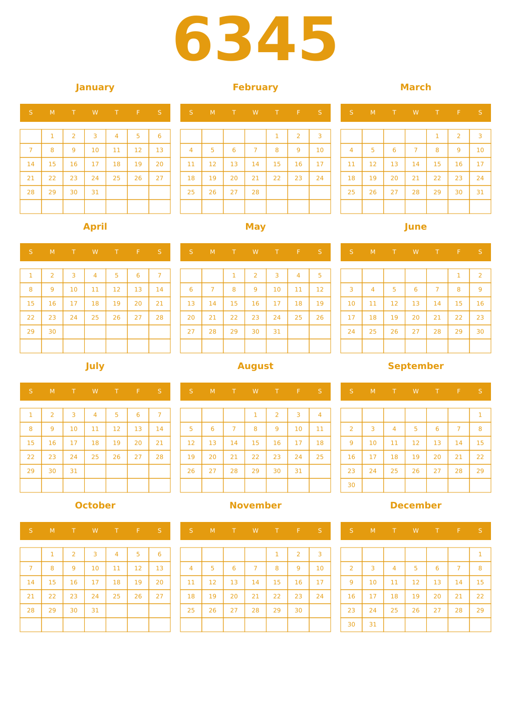 Printable 6345 Year Calendars gamboge