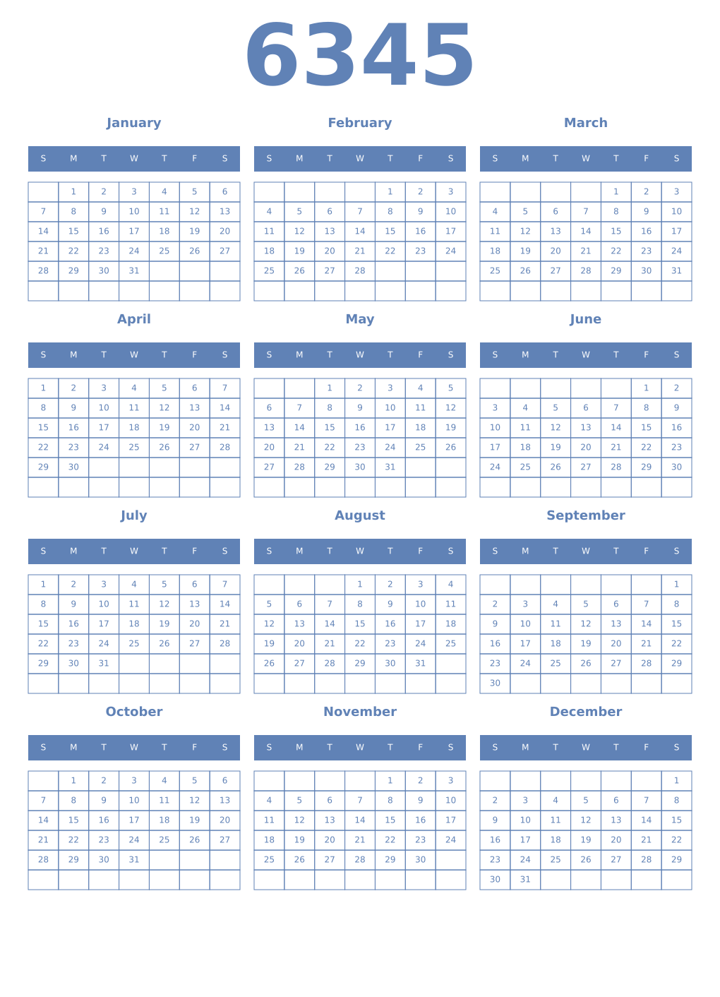 Printable 6345 Year Calendars glaucous