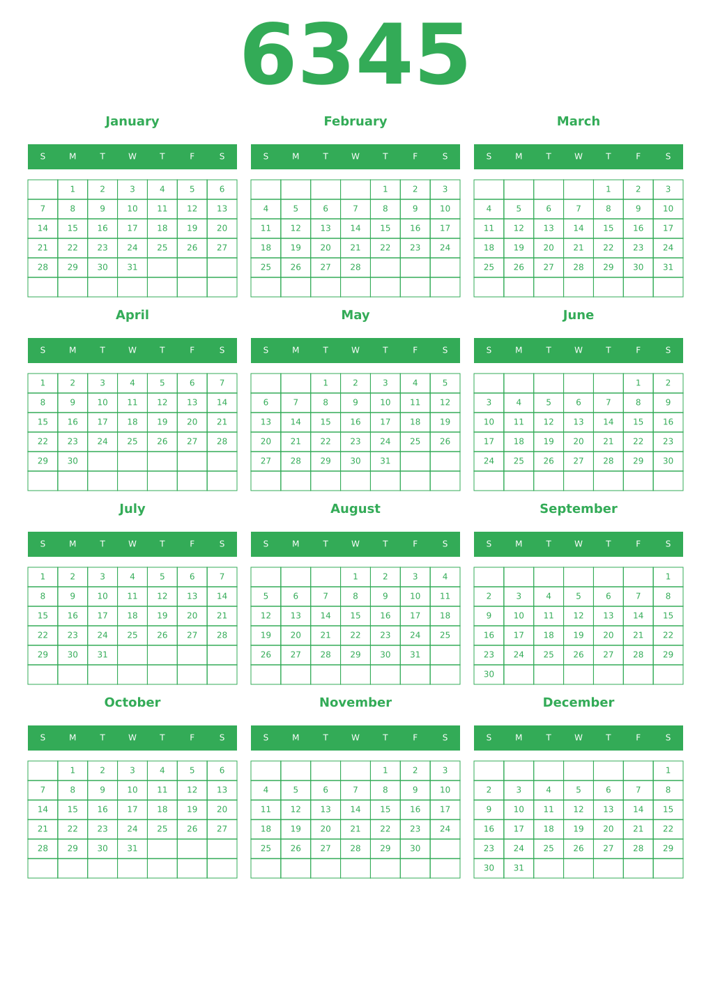 Printable 6345 Year Calendars green