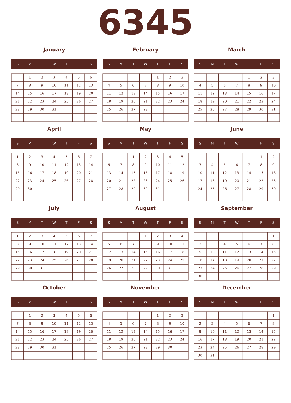 Printable 6345 Year Calendars mortuum