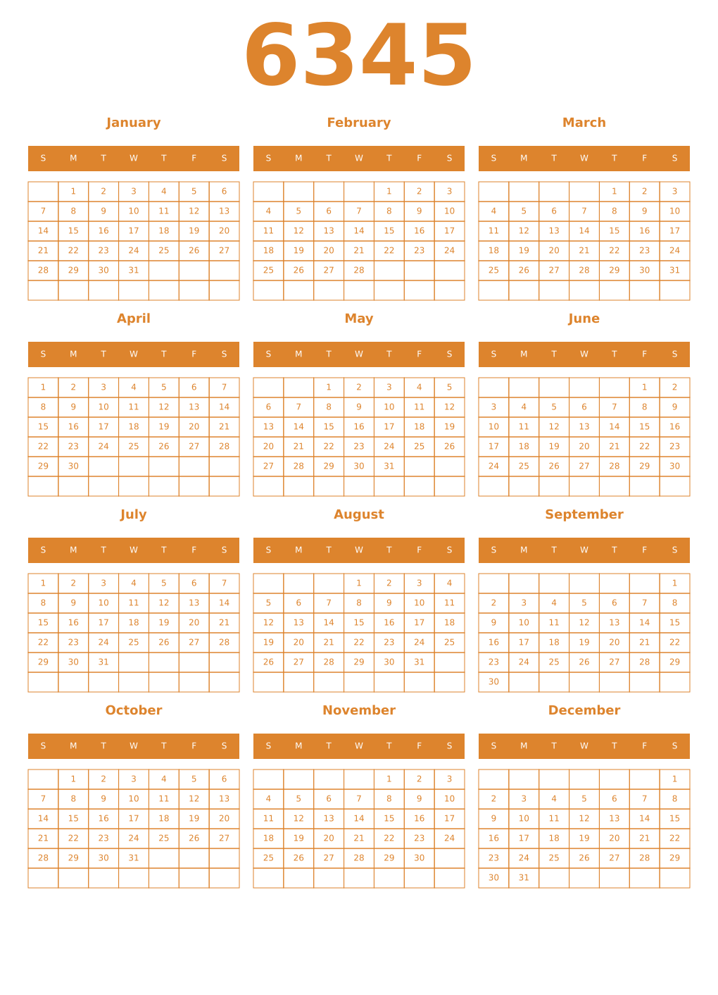 Printable 6345 Year Calendars orange