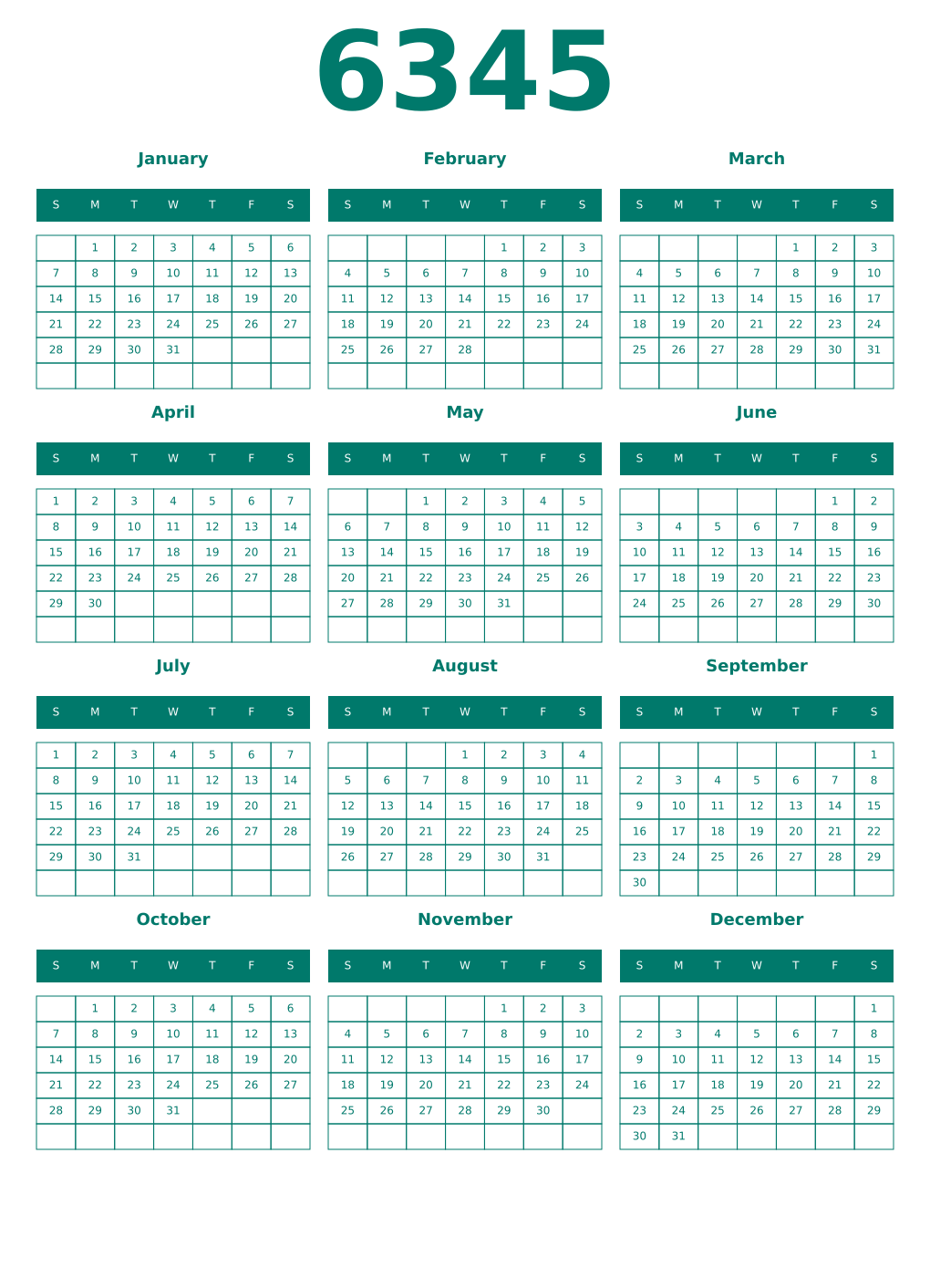 Printable 6345 Year Calendars pastel