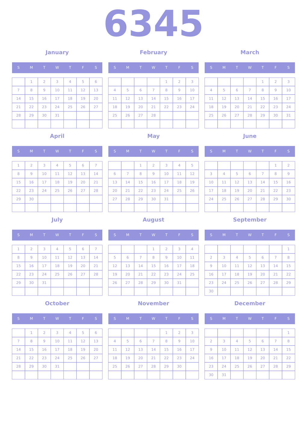Printable 6345 Year Calendars periwinkle