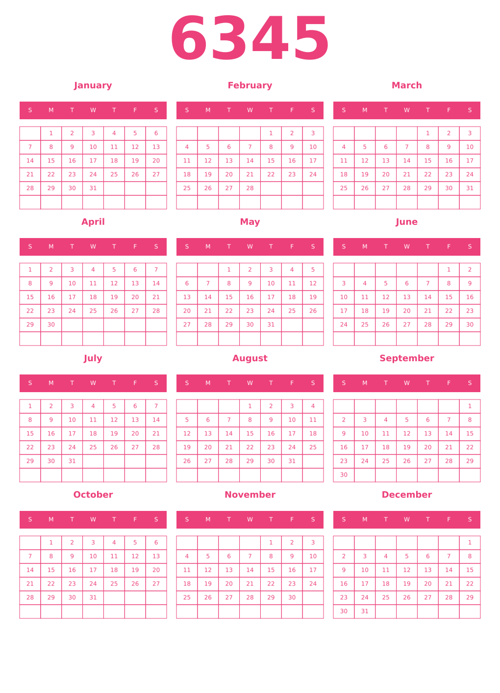 Printable 6345 Year Calendars pink