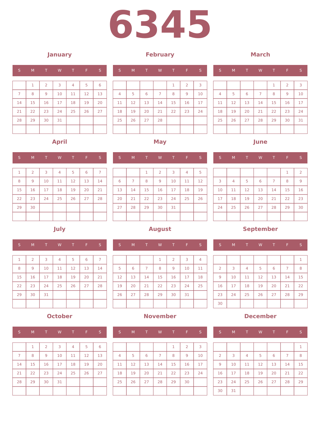 Printable 6345 Year Calendars puce