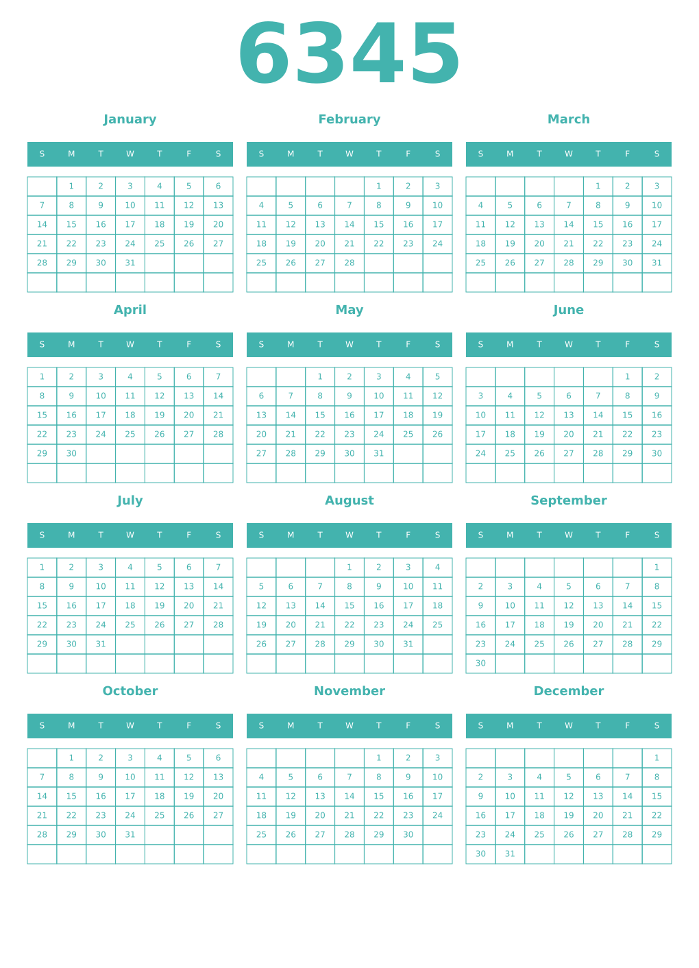 Printable 6345 Year Calendars verdigris