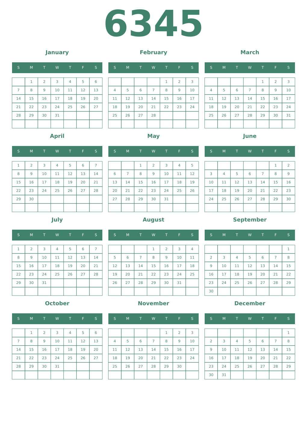 Printable 6345 Year Calendars viridian