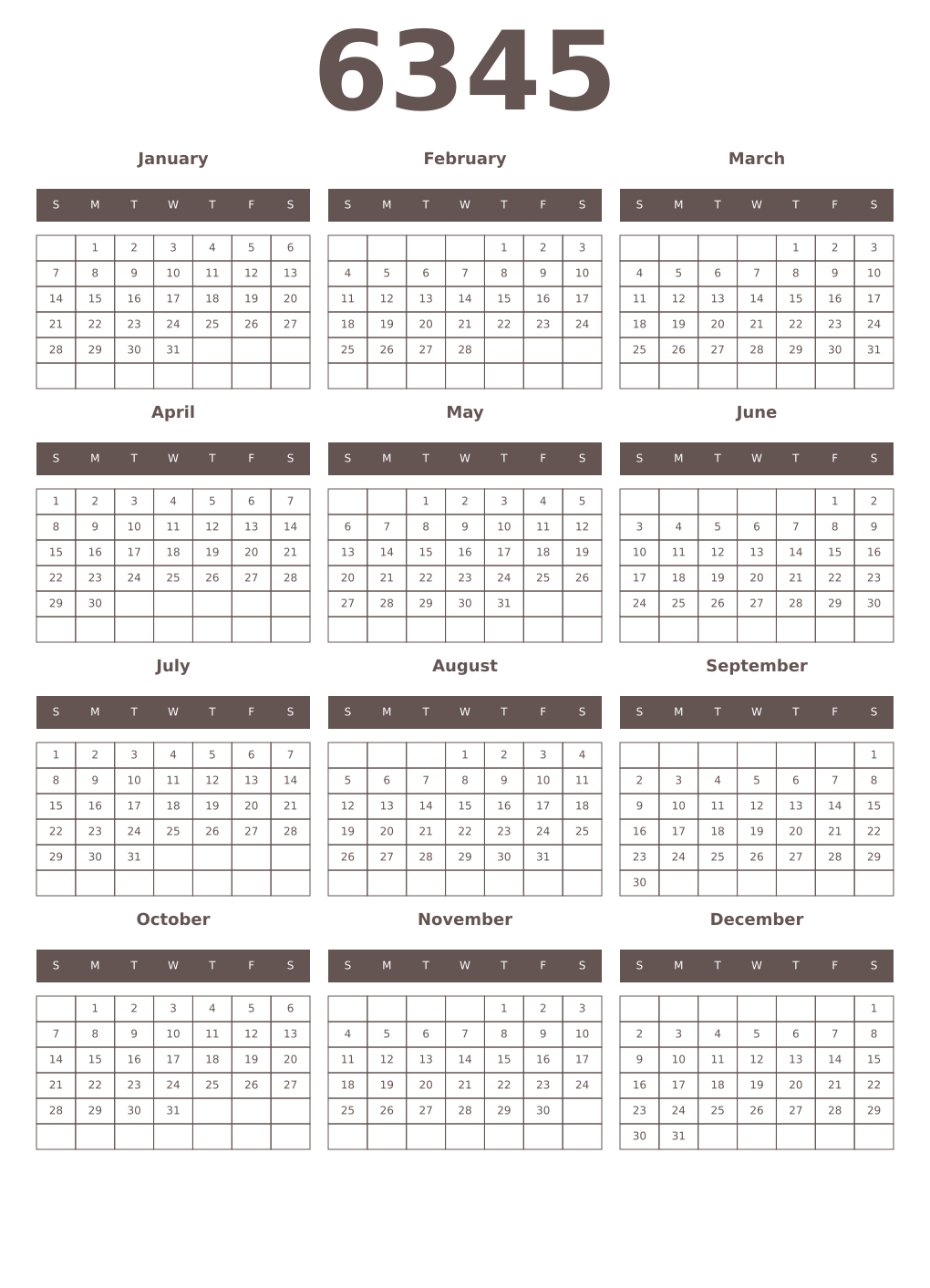 Printable 6345 Year Calendars wenge