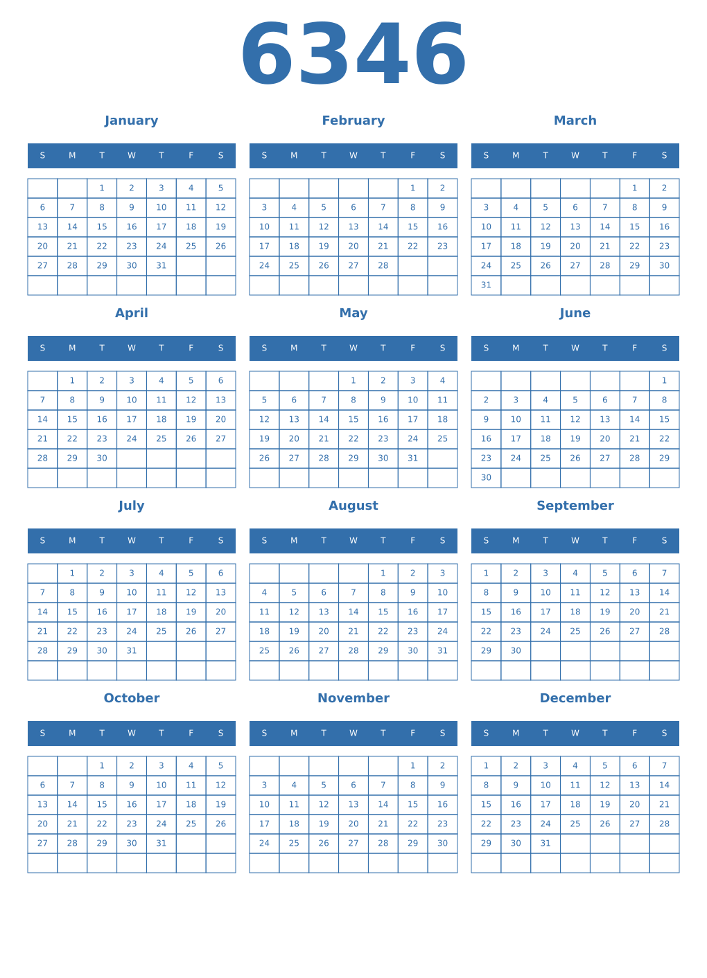 Printable 6346 Year Calendars blue