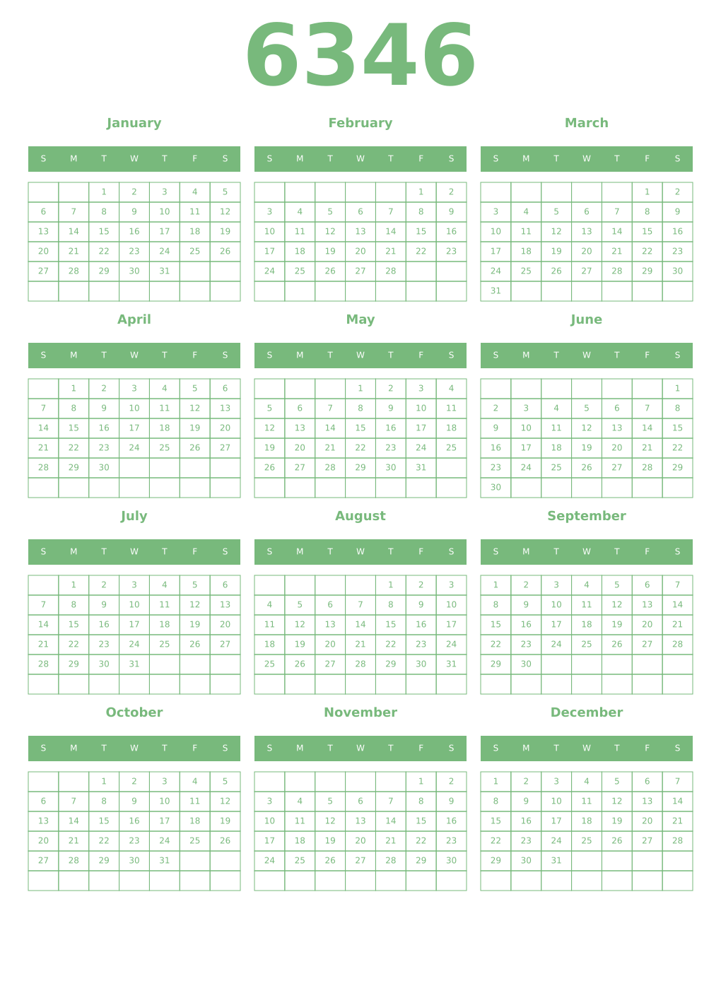 Printable 6346 Year Calendars celadon