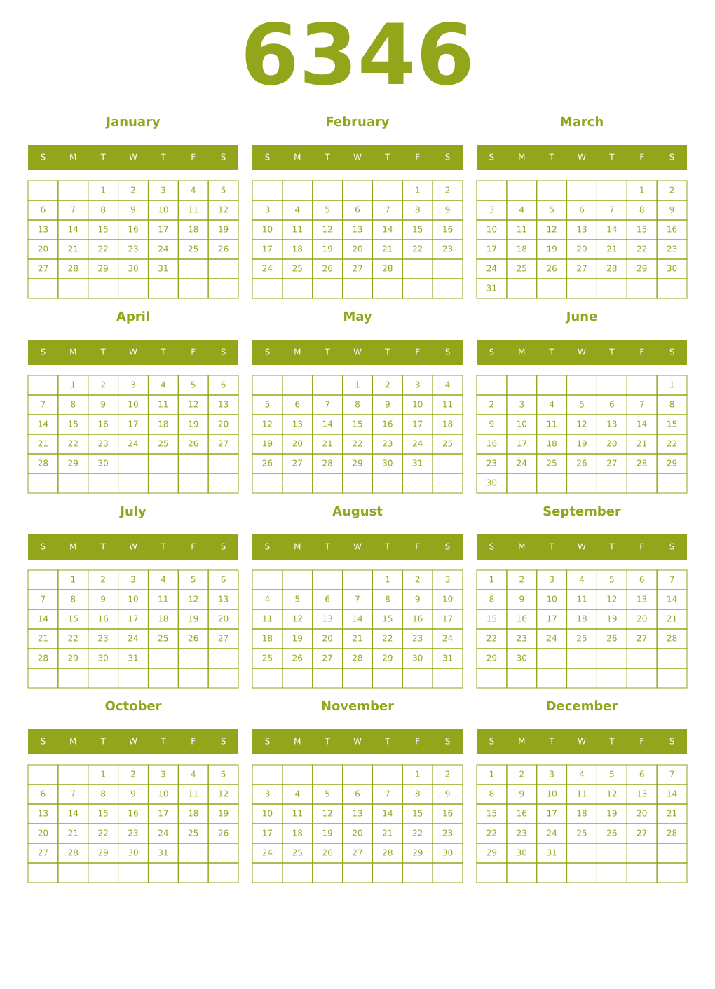 Printable 6346 Year Calendars chartreuse