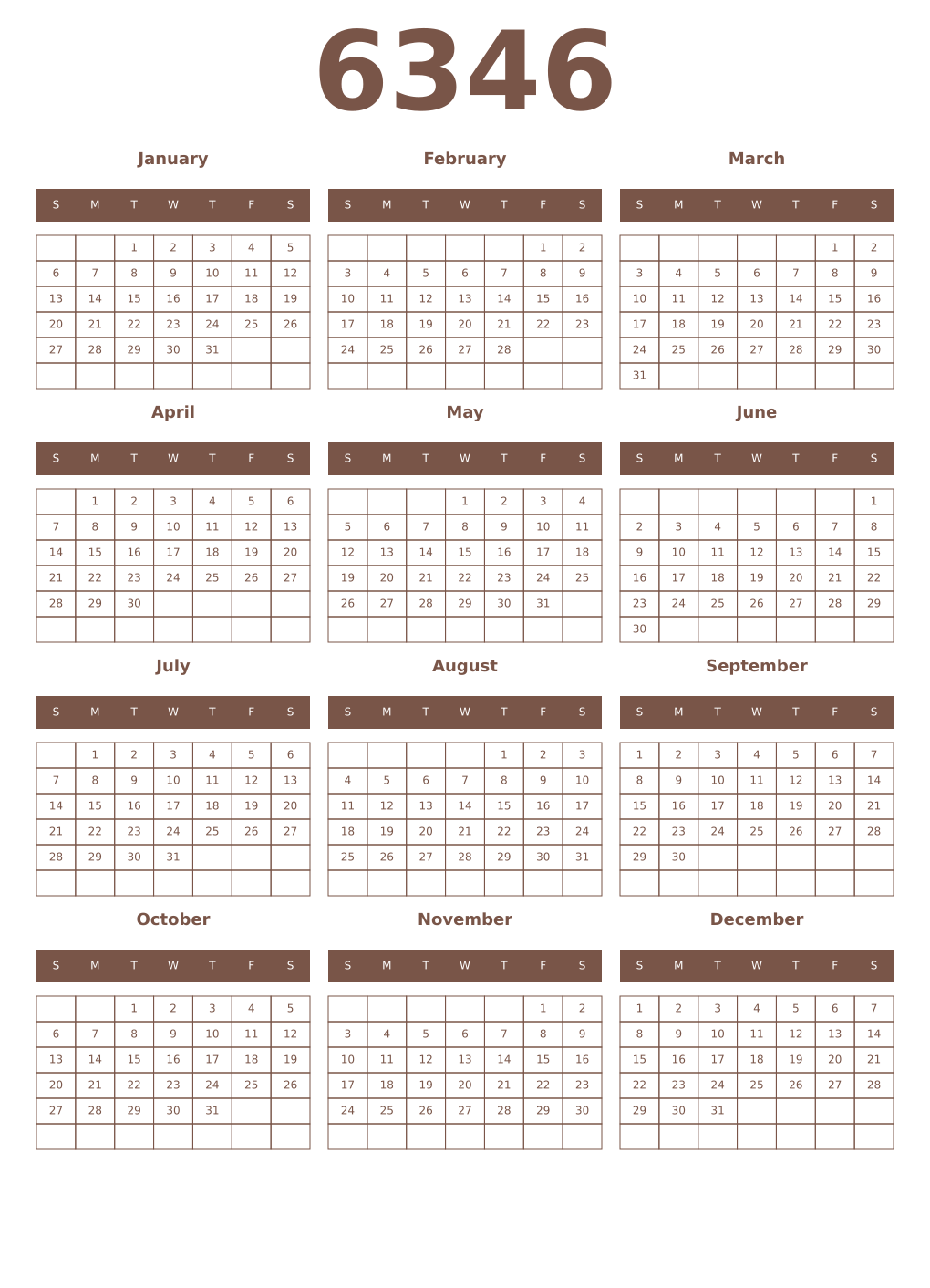 Printable 6346 Year Calendars coffe