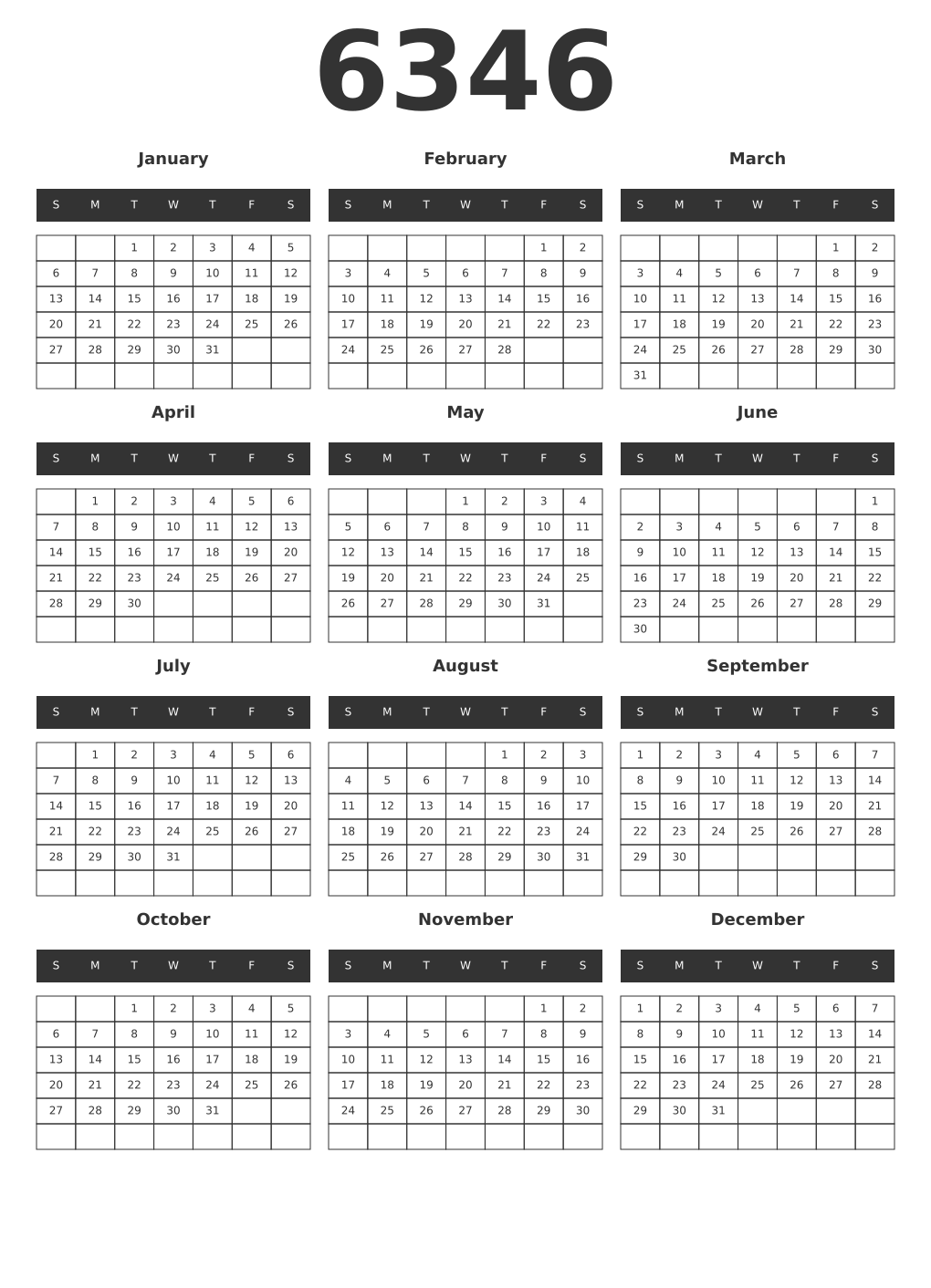 Printable 6346 Year Calendars dark