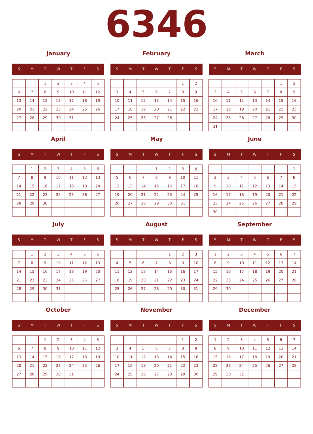 Printable 6346 Year Calendars falu